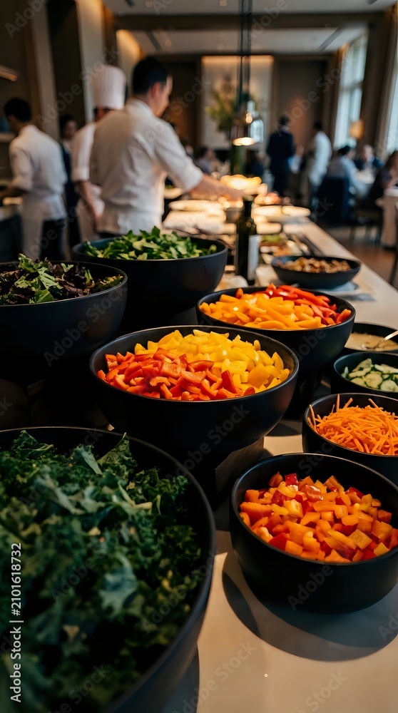 Obraz premium Buffet spread with fresh chopped vegetables in black bowls at corporate event, catering service with guests mingling in modern venue background.