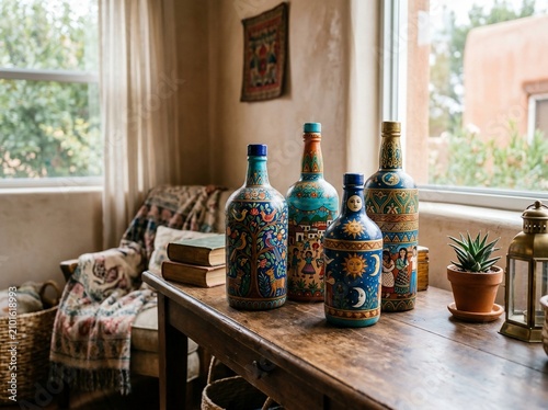 Hand painted decorative bottles on wooden table in rustic home