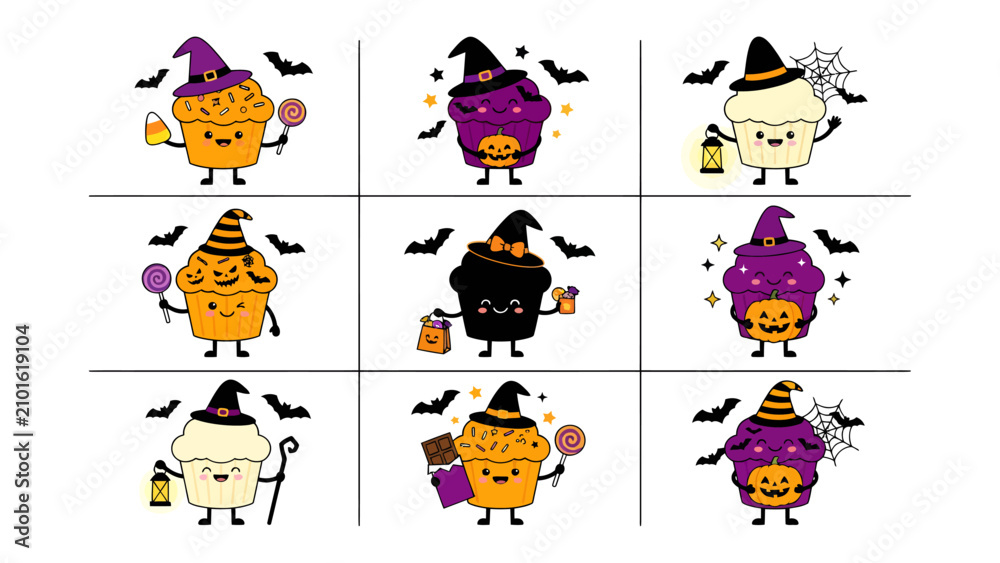 Fototapeta premium Halloween Cupcake Collection: A delightful grid of nine charming Halloween-themed cupcakes, each with a unique character and festive attire, ready to spread spooky cheer and sweet treats.