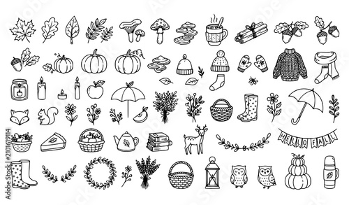 Cute Autumn Elements Doodle Hand Drawn Line Design Vector Set