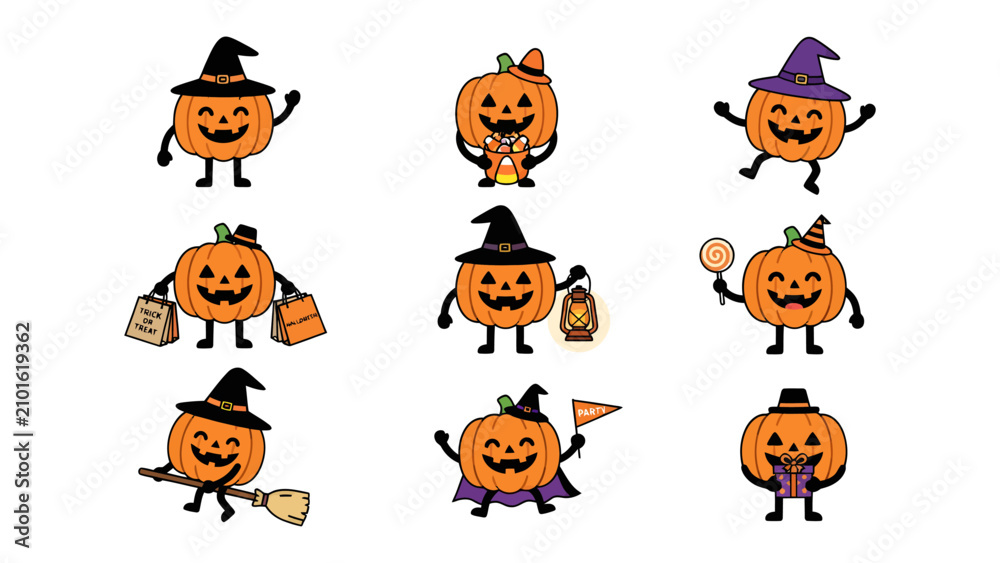 Fototapeta premium Halloween Pumpkins Collection: A vibrant compilation of whimsical pumpkins, each adorned with unique costumes and props, embodying the festive spirit of Halloween.