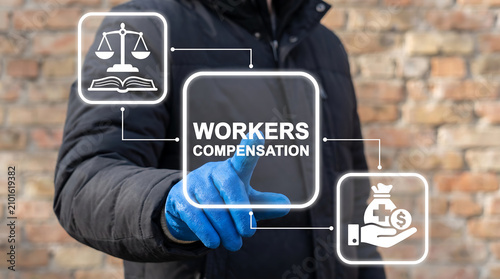 Concept of workers compensation. Compensations, claim insurance, industry business liability.