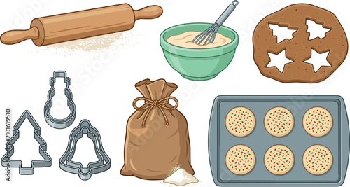Canvastavla Christmas Baking Vector Element Set with Rolling Pin Cookie Cutters Flour Sack D
