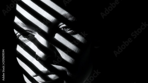 Prompt: A classic neo-noir double exposure. A model's tired face is combined with sharp, geometric shadow lines cast by venetian blinds, creating alternating bars of light and dark across her 