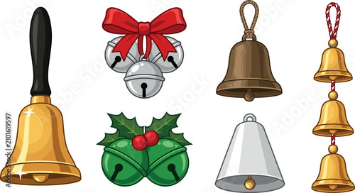 Bild auf Leinwand Christmas Bell Icon Vector Illustration Set with Golden Handbells Silver Jingle