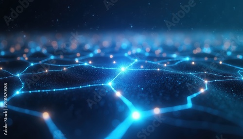 Luminous digital network graphic with glowing blue and orange nodes and lines. Abstract background shows interconnected data points and pathways, suggesting tech or science concepts.