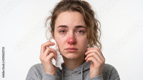 Young woman with flu suffering from cold symptoms like runny nose and red eyes looking unwell while holding a tissue isolated on a white background