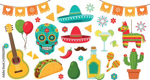 Bild auf Leinwand Mexican Fiesta Icon Set Vector Illustration Cinco de Mayo Party Elements Collect