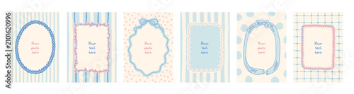 6 Whimsical line art decorative frames on playful pastel background. Collection of 6 premade summer photo frames. Stripes, gingham, plkadot, check patterns. Cute girly birhday invitations, baby shower