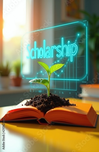 Green plant grows from book soil with scholarship graph overhead. Education concept symbol finance success learning growth opportunity scholarship funding aid application.