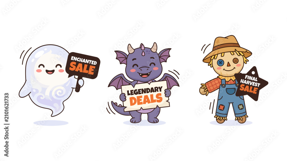 Fototapeta premium Cute Halloween Characters Promoting Sales: A cheerful ghost holding an Enchanted Sale sign, a friendly purple dragon with Legendary Deals, and a happy scarecrow with a Final Harvest Sale sign.