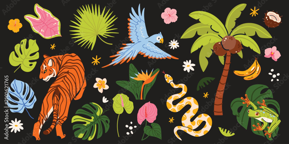 Obraz premium Hand drawn jungle collection with tropical animals, exotic plants and rainforest elements. Tiger, parrot, snake, frog, palm tree, flowers, leaves and fruits. Flat isolated vector illustrations