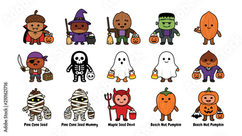 Bild auf Leinwand Adorable Halloween Characters: A charming collection of cartoon characters dressed in various Halloween costumes, including an acorn vampire, a witch, a mummy, a skeleton, a ghost, a devil