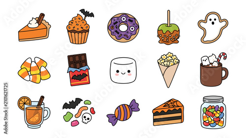 Fotografía Halloween Treats Collection: A delightful assortment of whimsical Halloween-themed treats, including pumpkin pie, cupcakes, donuts, candy apples, cookies, candies, and hot drinks