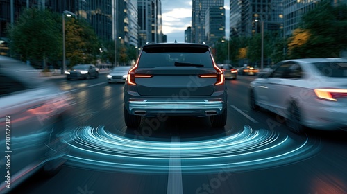 Self-driving car navigates busy city street with sensor waves
