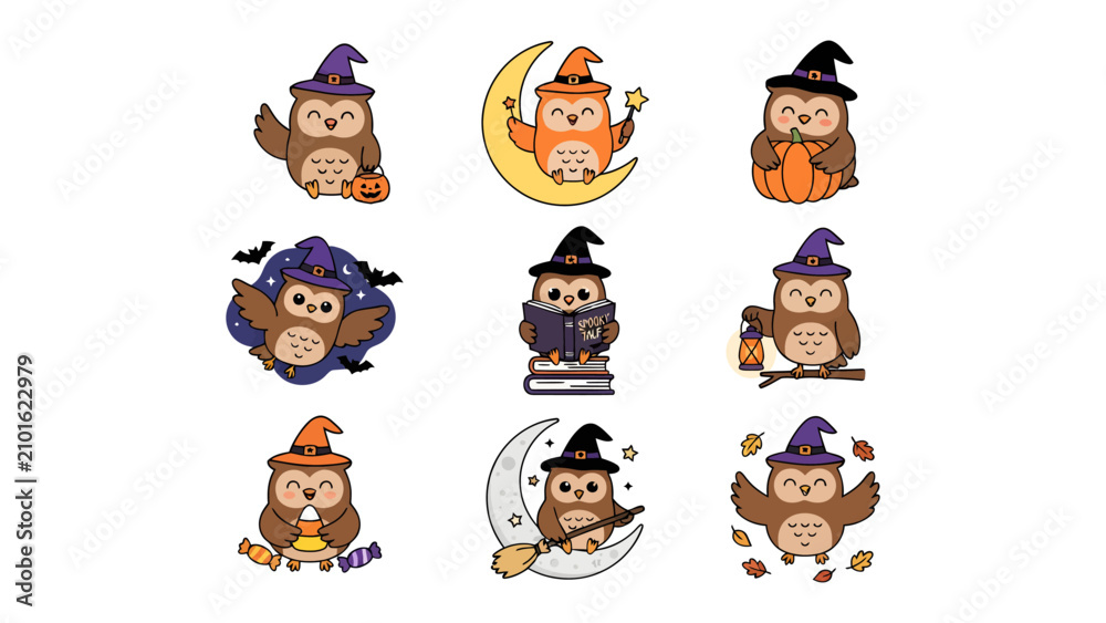 Obraz premium Halloween Owl Collection: A charming set of nine illustrated owls dressed in witch hats and Halloween costumes, enjoying the spooky season with pumpkins, moons, candy, and spellbooks.