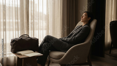 Business traveler rest in a hotel lobby during the day for energy balance