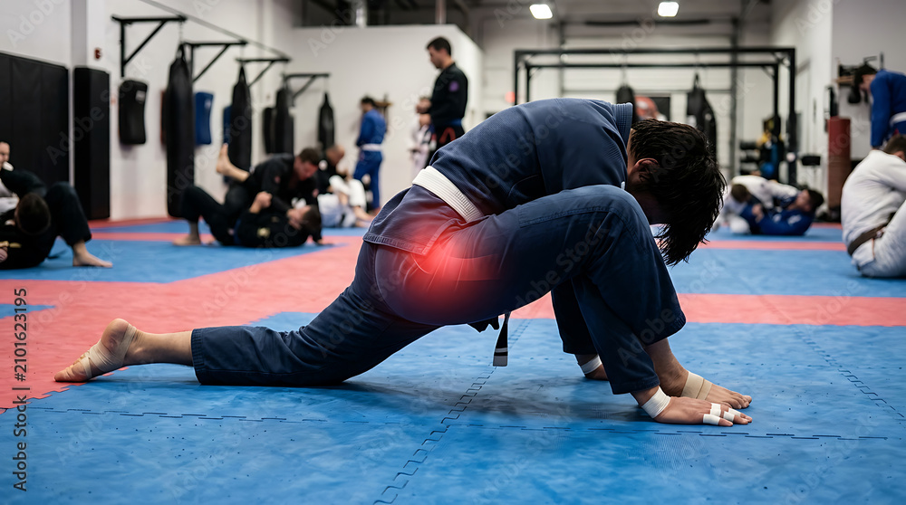 Fototapeta premium Athlete Experiencing Hip Pain During Martial Arts Training: Injury, Rehabilitation & Sports Medicine Concept