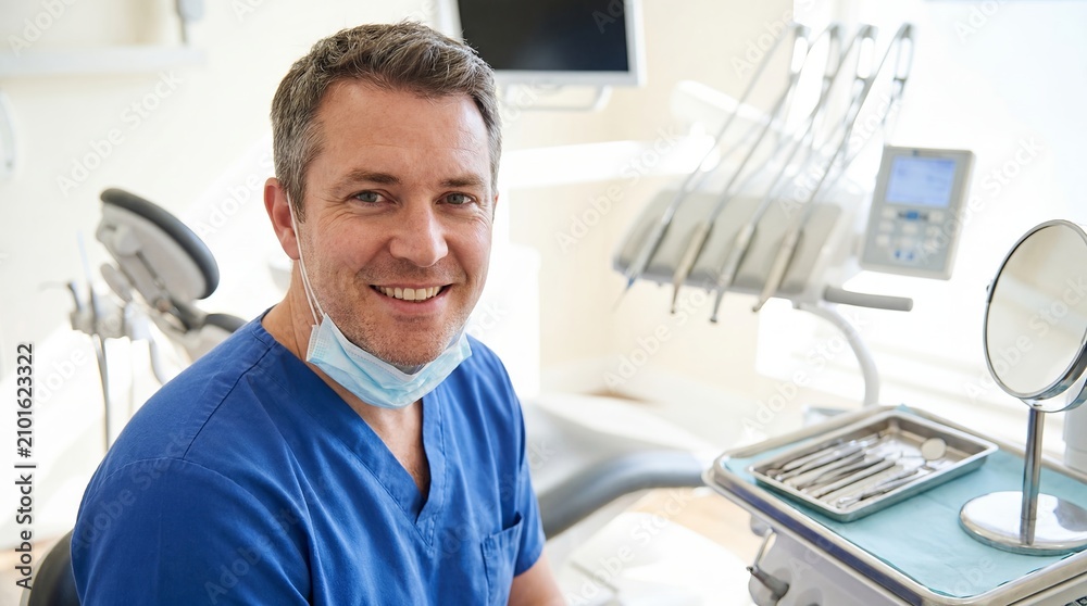 Fototapeta premium Dentist portrait dental clinic healthcare professional smiling in blue scrubs beside instruments showing trusted oral care provider concept for website recruitment branding and patient confidence