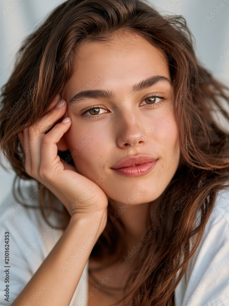 Fototapeta premium Young woman with European features resting her chin on her hand