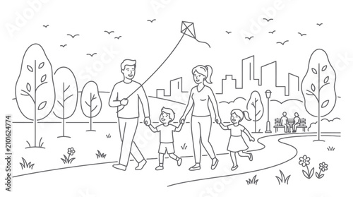 Family walking and flying a kite in city park.