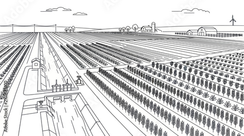 Fotografía Farmland landscape with irrigation canals line drawing