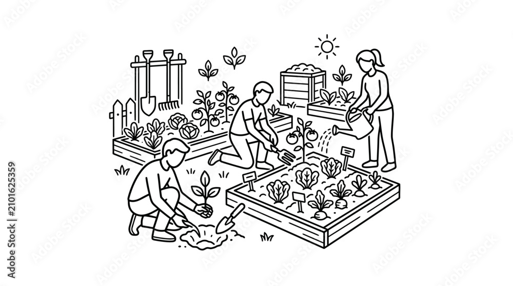Obraz premium Creative Black and White Line Drawing of People Gardening Together in Raised Beds with Various Plants and Tools