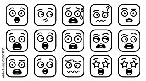 фотографія Fifteen startled square emoji line art icons.