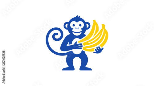 Canvas Print Cartoon blue monkey holding bunch of yellow bananas.