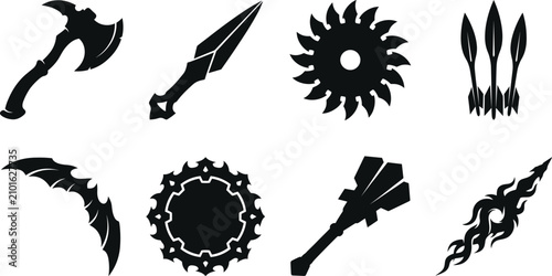 Fantasy Weapon Icons Collection with Axe Spear Chakram Scythe Hammer and Arrow Silhouettes