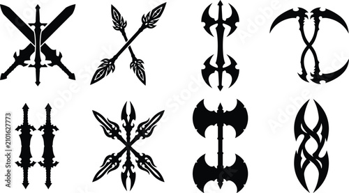 Fantasy Crossed Weapon Silhouette Collection with Swords Axes Spears and Scythes Vector Set