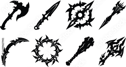 Fantasy Weapon Silhouette Collection with Axe Dagger Chakram Club Scythe and Spear Icons