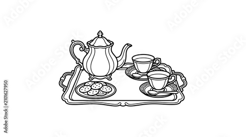 Dynamic Black and White of Vintage Tea Set with Teapot Cups Saucer and Pastries on Tray with high quality professional line art symbols for modern creative design and digital branding projects