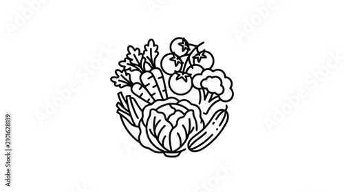 Konstfotografi Elegant Black and White Line Drawing of Fresh Vegetables and Herbs Bundle for Or