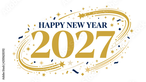 Foto New Year 2027 Celebration: A vibrant graphic design announces Happy New Year 2027 adorned with festive gold and blue swirling trails, shooting stars, and confetti