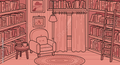 Cozy armchair in a library with bookshelves.