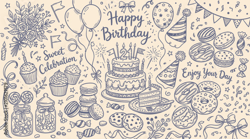 Vintage style birthday celebration illustration with desserts with cupcakes