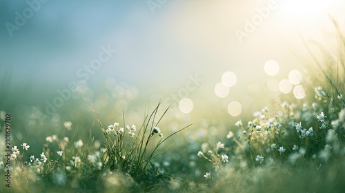 Soft focus, sun-drenched meadow with delicate wildflowers and blades of grass