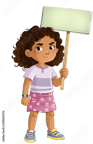 Niña afroamericana con una pancarta en la mano, dibujo animado