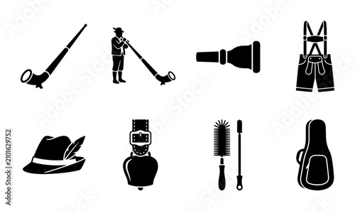 Quadro su tela Alpine Culture Icons: Alphorn, Traditional Hat, Cowbell, Lederhosen, Musical Ins