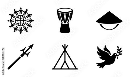 Foto Cultural Icons Set: Global Unity, Traditional Drum, Asian Hat, Spear, Tent, Peac