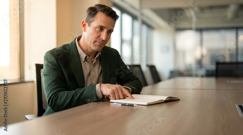 Man in a green blazer reading a notebook at a conference table, with a thoughtful expression, in a modern office environment, showcasing focus and individual work, business, modern, minimal