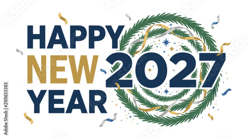 Fotografie Happy New Year 2027: Festive typography proclaiming Happy New Year 2027 surrounded by a wreath and confetti, celebrating the dawn of a new year with joy and optimism