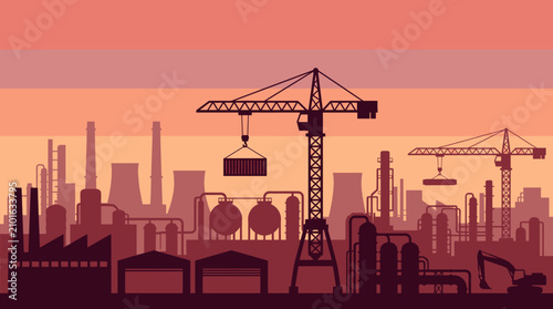 Industrial Factory Skyline with Construction Cranes, Chimneys, Cooling Towers and Manufacturing Buildings at Warm Sunset, Flat Vector Urban Industry Landscape