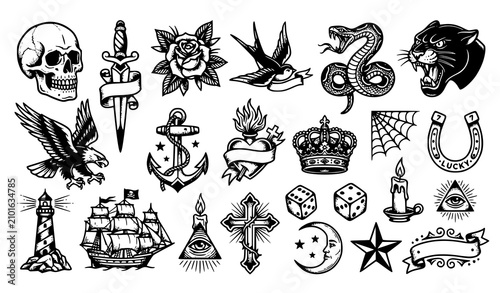 Foto Old School Black Tattoo Flash Icons Collection Vector EPS