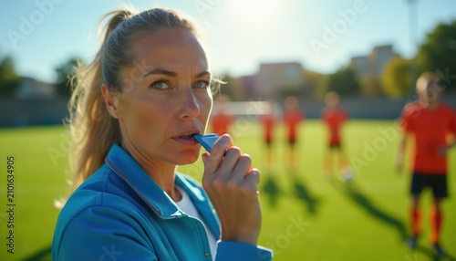 Woman coach blows whistle on soccer field. Female referee trains young players. Sport activity on green grass. People practice game outdoors. Teamwork and discipline.