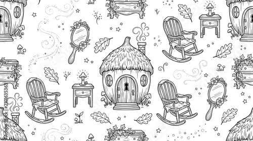 Photos Fairy Cottage Core Seamless Pattern Vector Illustration featuring Thatched Roof