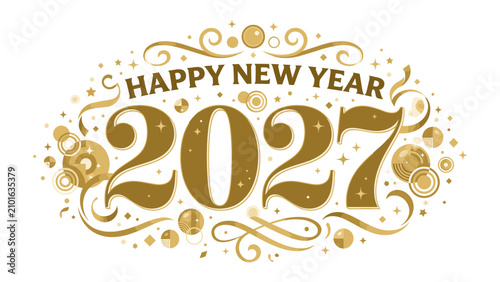 Foto Golden New Year 2027 Celebration: An elegant and festive design announces Happy New Year 2027 with shimmering golden numerals, ornate swirls, and sparkling confetti, perfect for holiday greetings