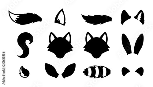 Tableau sur toile Cute Animal Ears and Tails Vector Icons Set, Silhouette Animal Accessories for C
