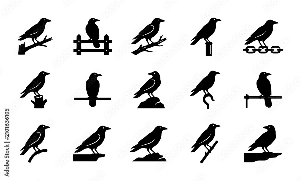 Obraz premium Crow Silhouette Icons Set: Perched Birds, Branch, Fence, Post, Chain, Horseshoe, Rock, Emblem, Vector Graphics Collection